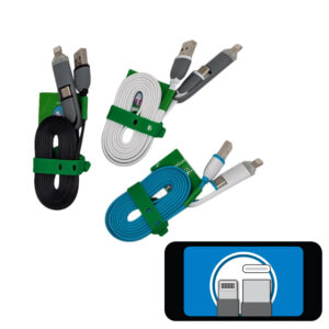 Assorted 2-in-1 USB charging cables (Type-C & 8-pin) to USB A with flat design and silicone wraps