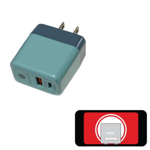Dual-port USB wall charger with USB-A and USB-C ports and two-prong plug