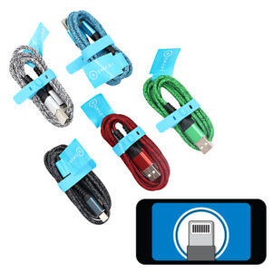 Assorted braided 8-pin to USB charging cables with built-in silicone wrap and packaging tag