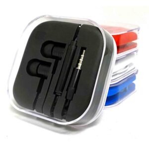 In-ear wired earbuds with 3.5mm audio jack and inline microphone in clear storage case