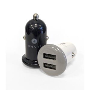 Dual USB car charger with two USB-A ports in assorted colours