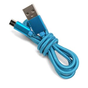 Braided micro USB to USB charging cable coiled for storage